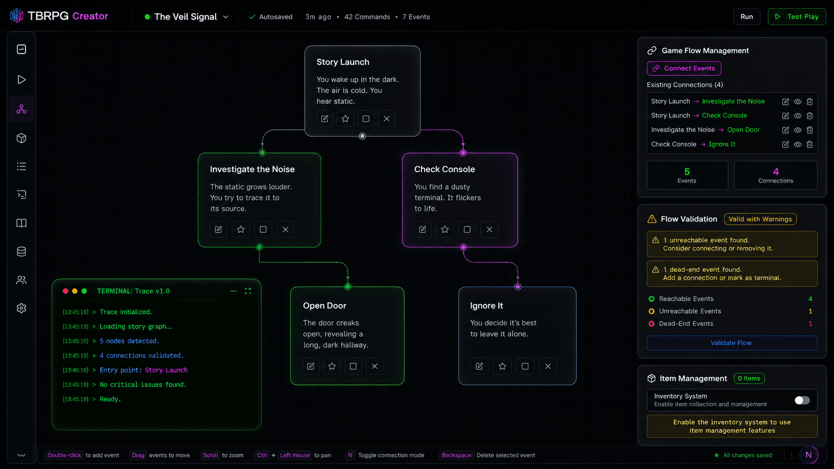 TBRPG Creator editor showing connected story nodes, validation panels, and a terminal trace