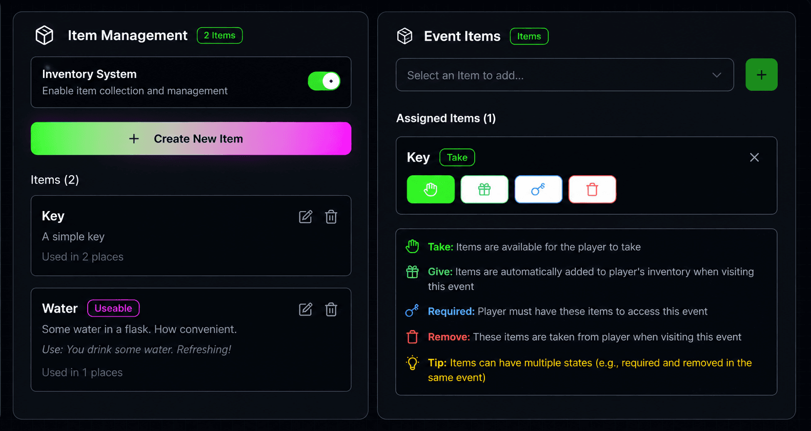 Item management interface showing inventory items, event item assignment, and take give required remove states