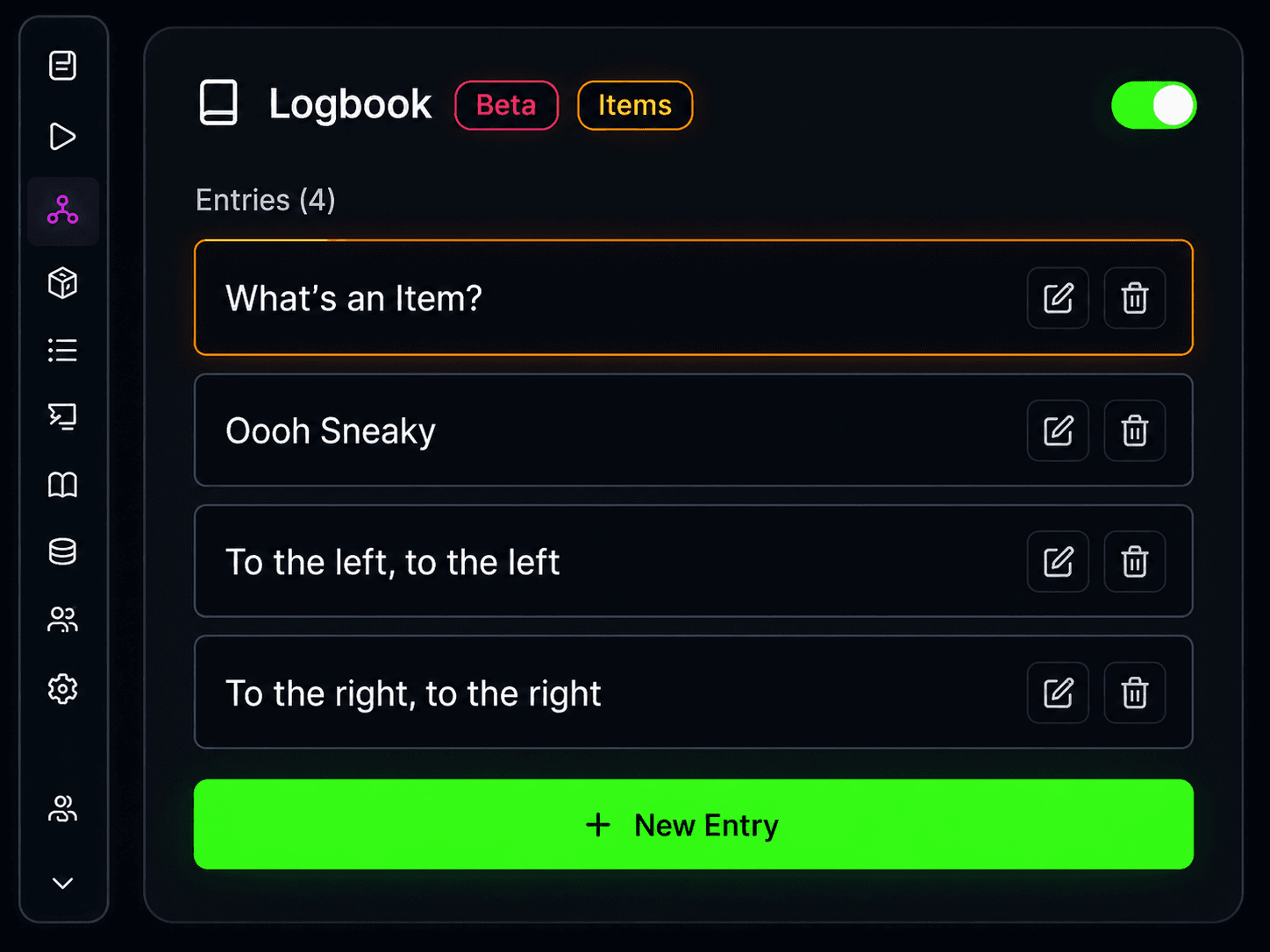 Logbook editor panel with beta and items badges, entries, edit controls, and new entry action