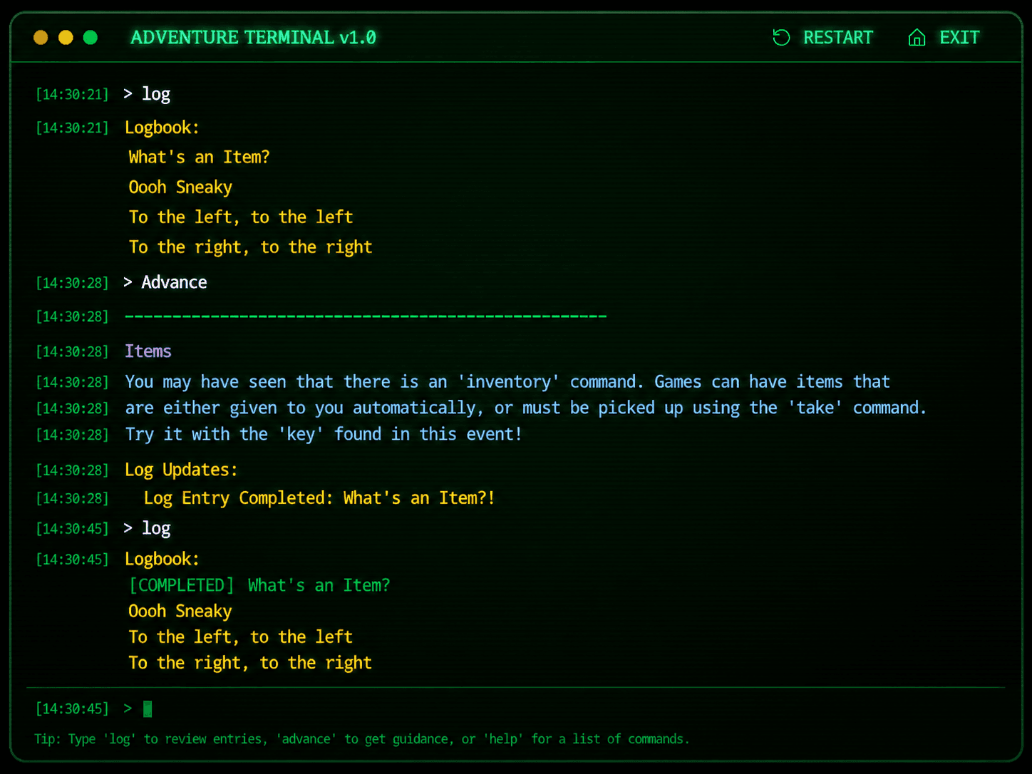 Adventure terminal transcript showing log command, logbook entries, item tutorial text, and completed log update