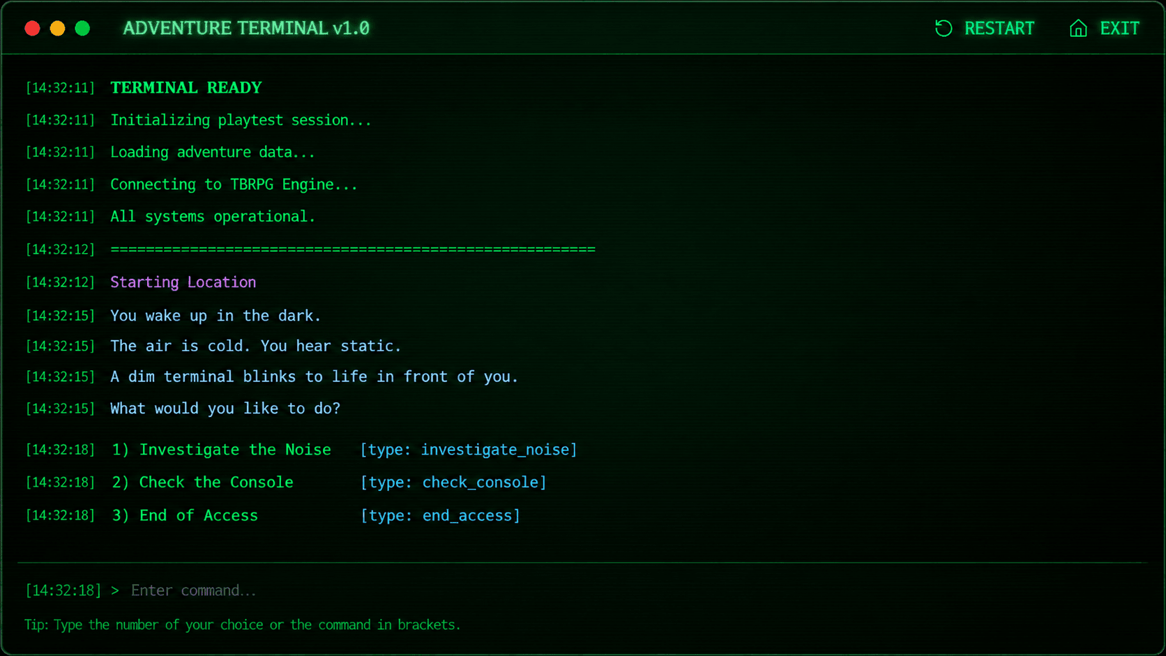 Adventure terminal playtesting session with timestamped story output and typed command choices